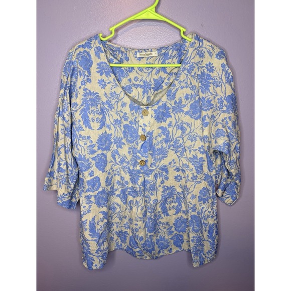 Laura Bianchi Tops - Laura Bianchi Linen Blend Floral Print V Neck Button Front Top Size S Italy